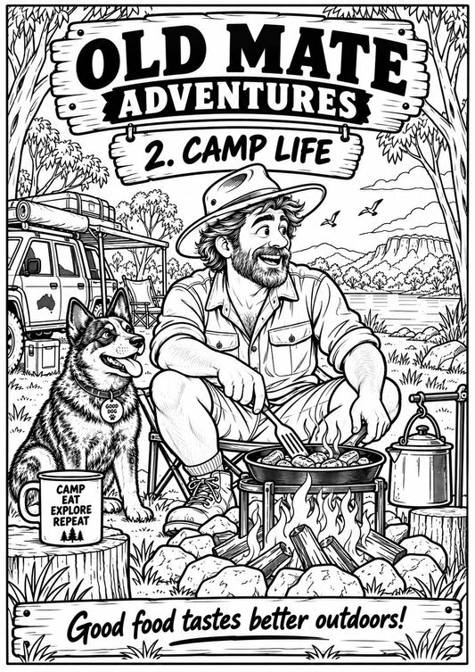 Old Mate Adventures Camp Life colour-your-own T-shirt artwork
