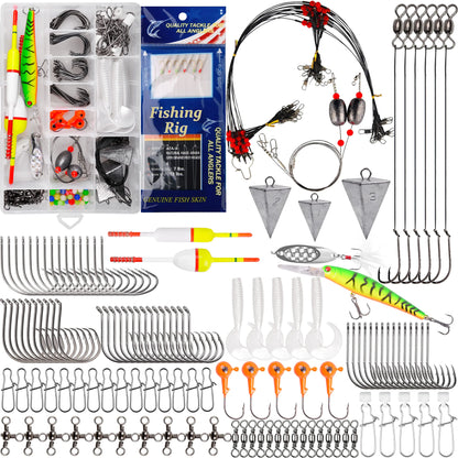Saltwater Fishing Gear 180pcs Saltwater Surf Fishing Tackle Kit Fishing Bait Rigs Saltwater Fishing Lures Spoon Fishing Hooks Pyramid Sinker Leaders Swivel Slip Bobbers Various Fishing Accessories