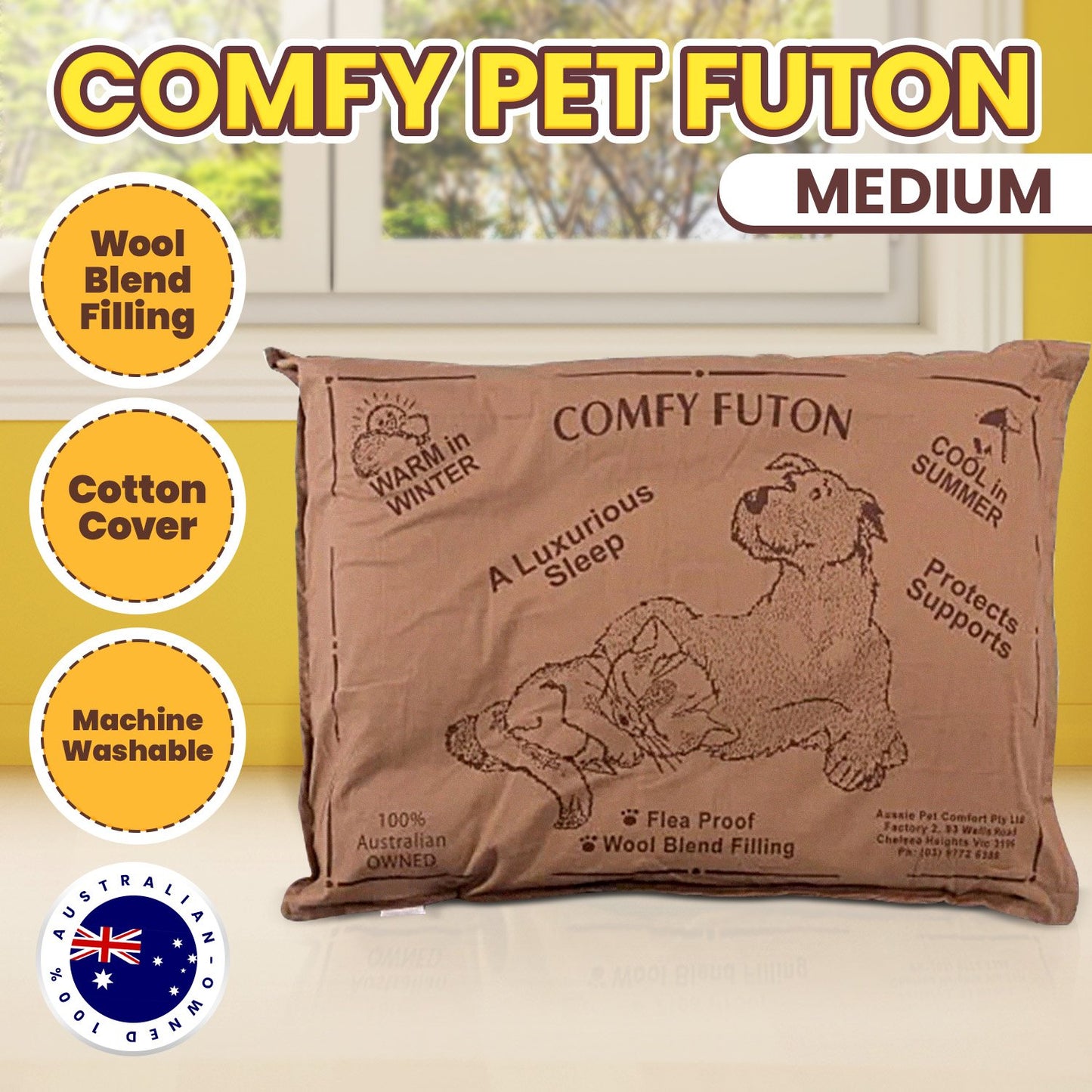 Aussie Made Comfy Pet Futon Dog 90cm Wool Blend Medium - Brown