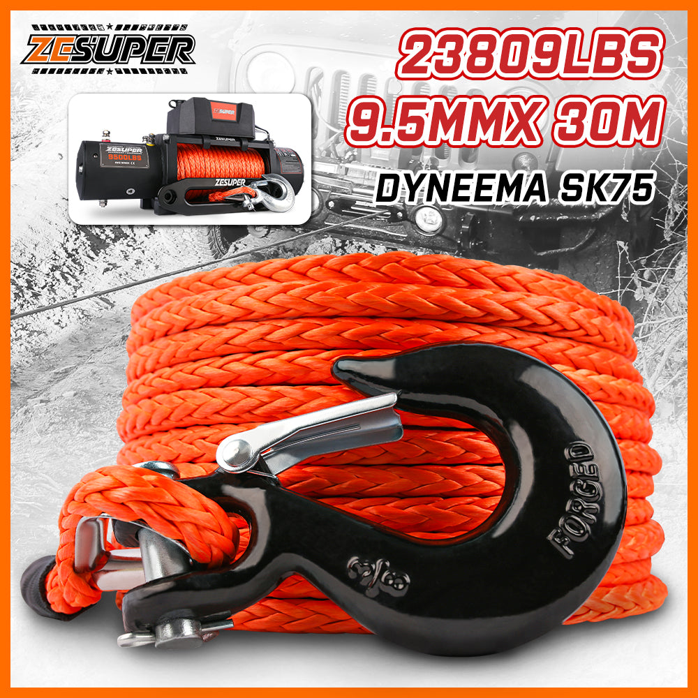 ZESUPER Winch Rope 9.5MM X 30M Dyneema SK75 Hook Synthetic Car 4WD 4x4 Tow Recovery Cable Hook