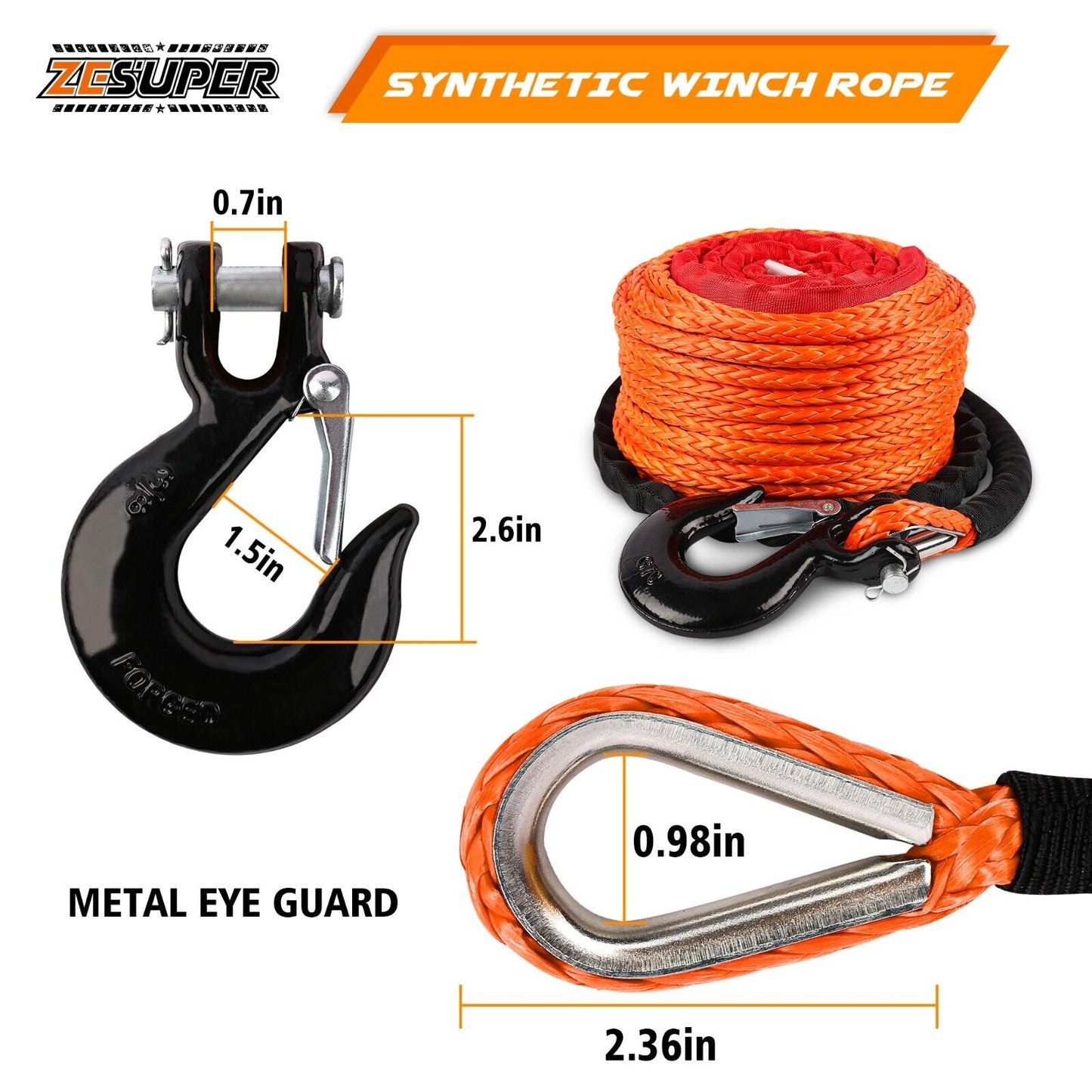 ZESUPER Winch Rope 9.5MM X 30M Dyneema SK75 Hook Synthetic Car 4WD 4x4 Tow Recovery Cable Hook