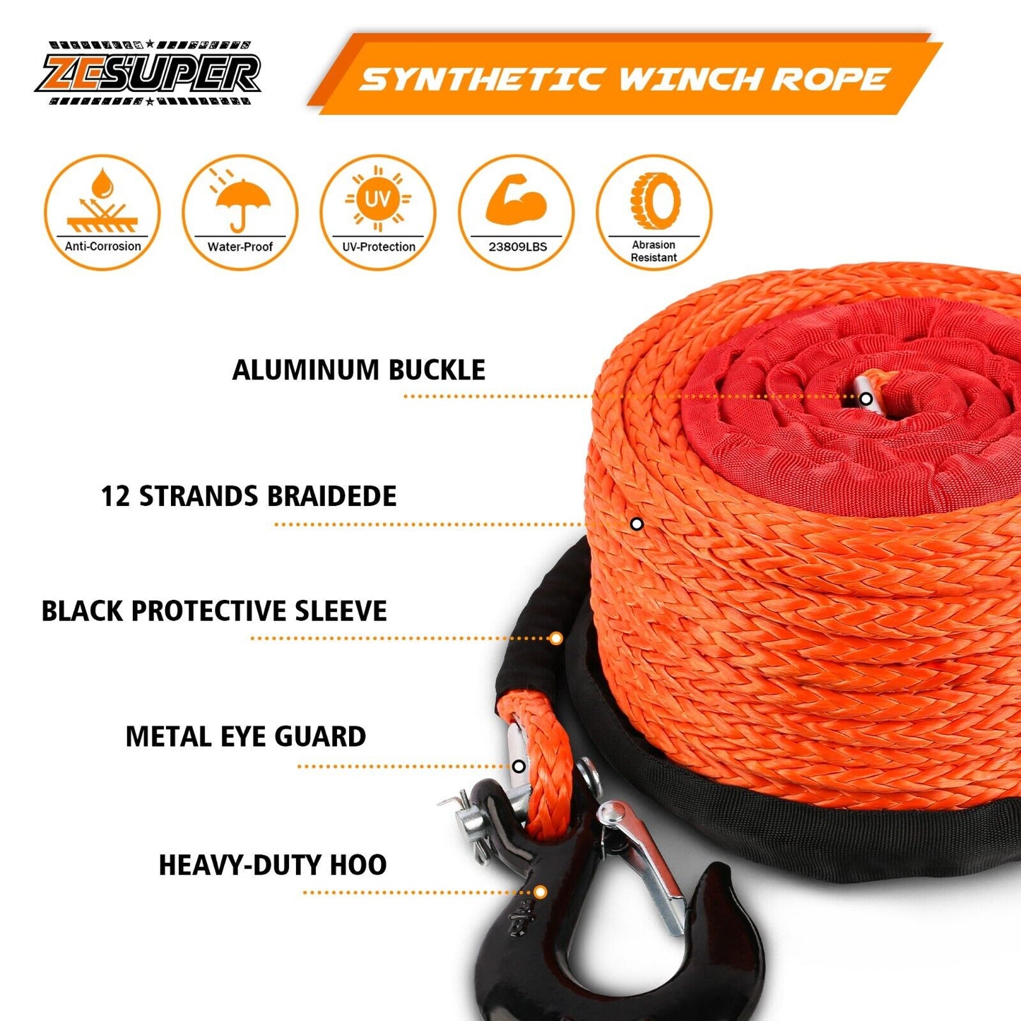 ZESUPER Winch Rope 9.5MM X 30M Dyneema SK75 Hook Synthetic Car 4WD 4x4 Tow Recovery Cable Hook