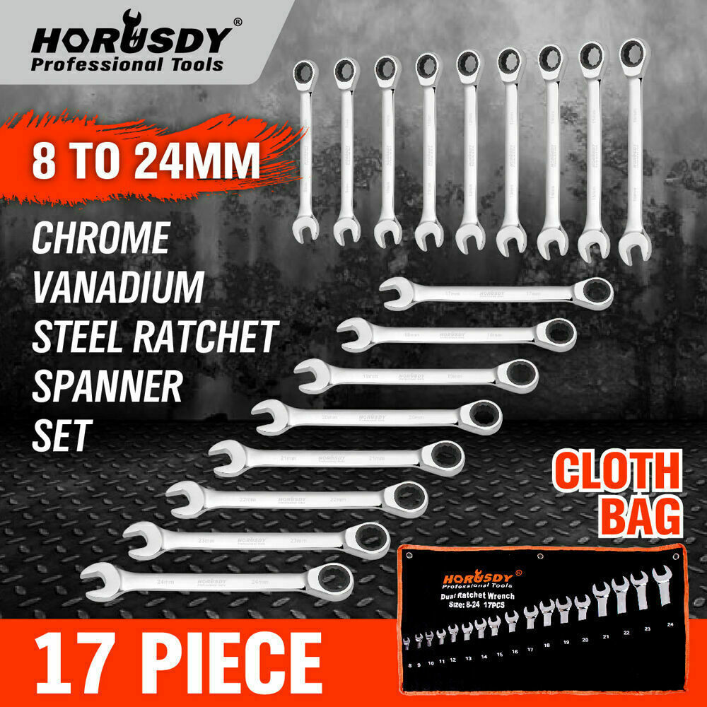 17Pc Ratchet Spanner Set Metric Combination Wrenches Open End Ring CR-V 8-24mm tools