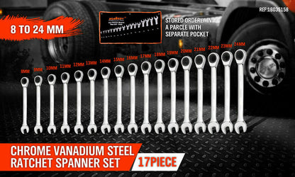 17Pc Ratchet Spanner Set Metric Combination Wrenches Open End Ring CR-V 8-24mm tools