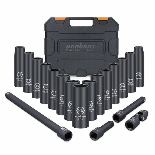 19Pc Deep Socket Set Impact 1/2" Drive Extension Bars Flexible Adapter 10-24mm tools