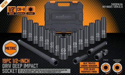 19Pc Deep Socket Set Impact 1/2" Drive Extension Bars Flexible Adapter 10-24mm tools