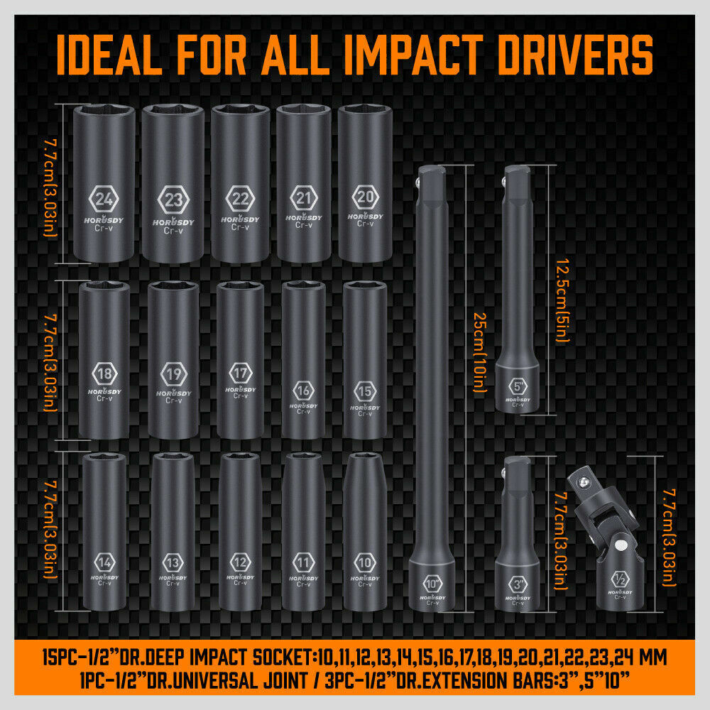 19Pc Deep Socket Set Impact 1/2" Drive Extension Bars Flexible Adapter 10-24mm tools