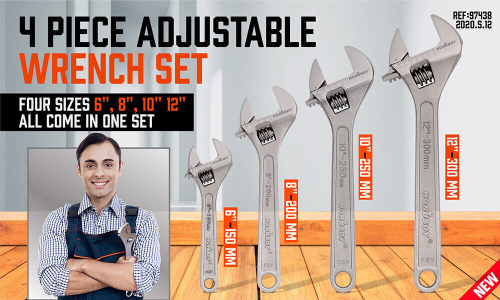 4Pc Adjustable Wrench Set Heavy Duty Shifter Spanner Wide Open Jaw 6"/8"/10"/12" -tools