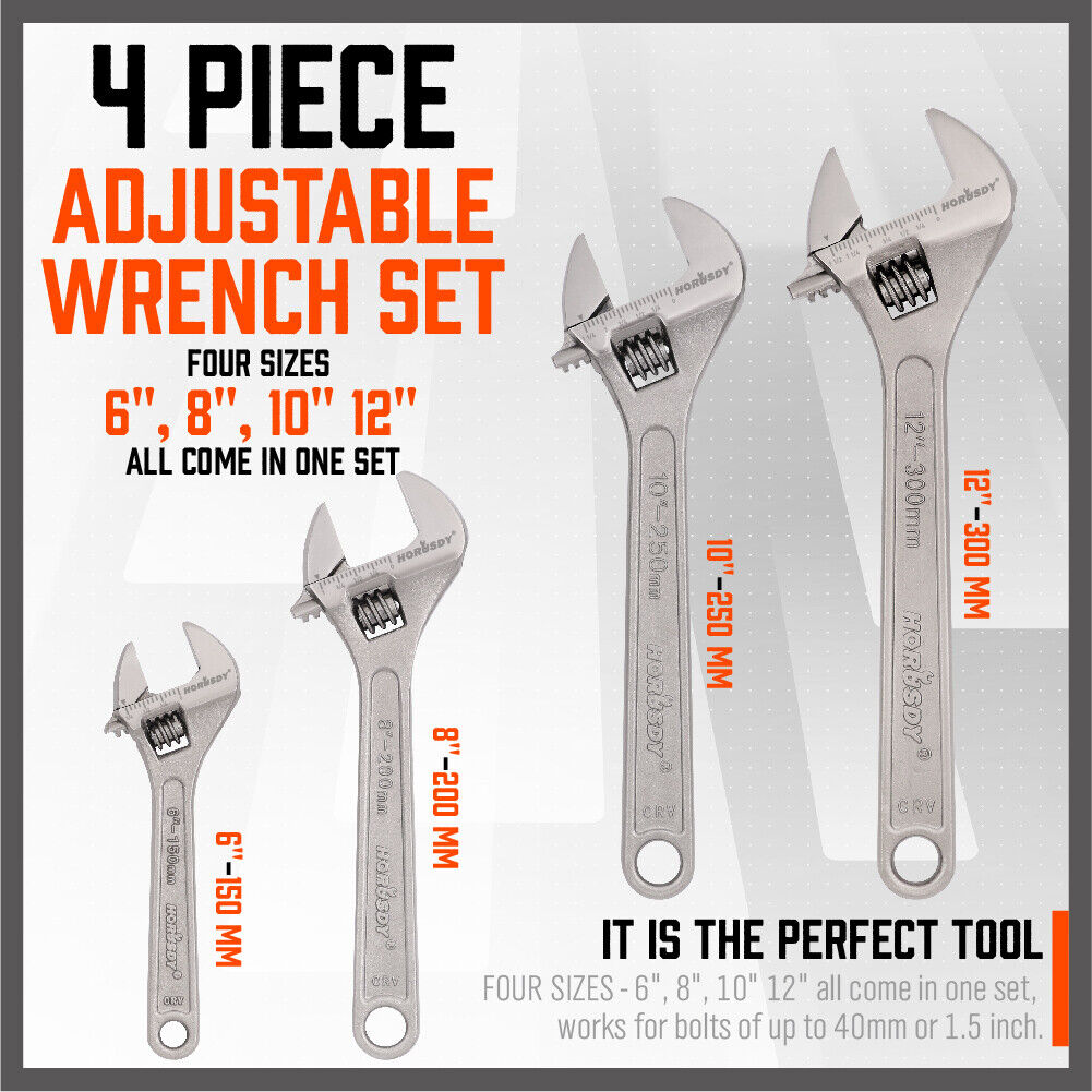 4Pc Adjustable Wrench Set Heavy Duty Shifter Spanner Wide Open Jaw 6"/8"/10"/12" -tools