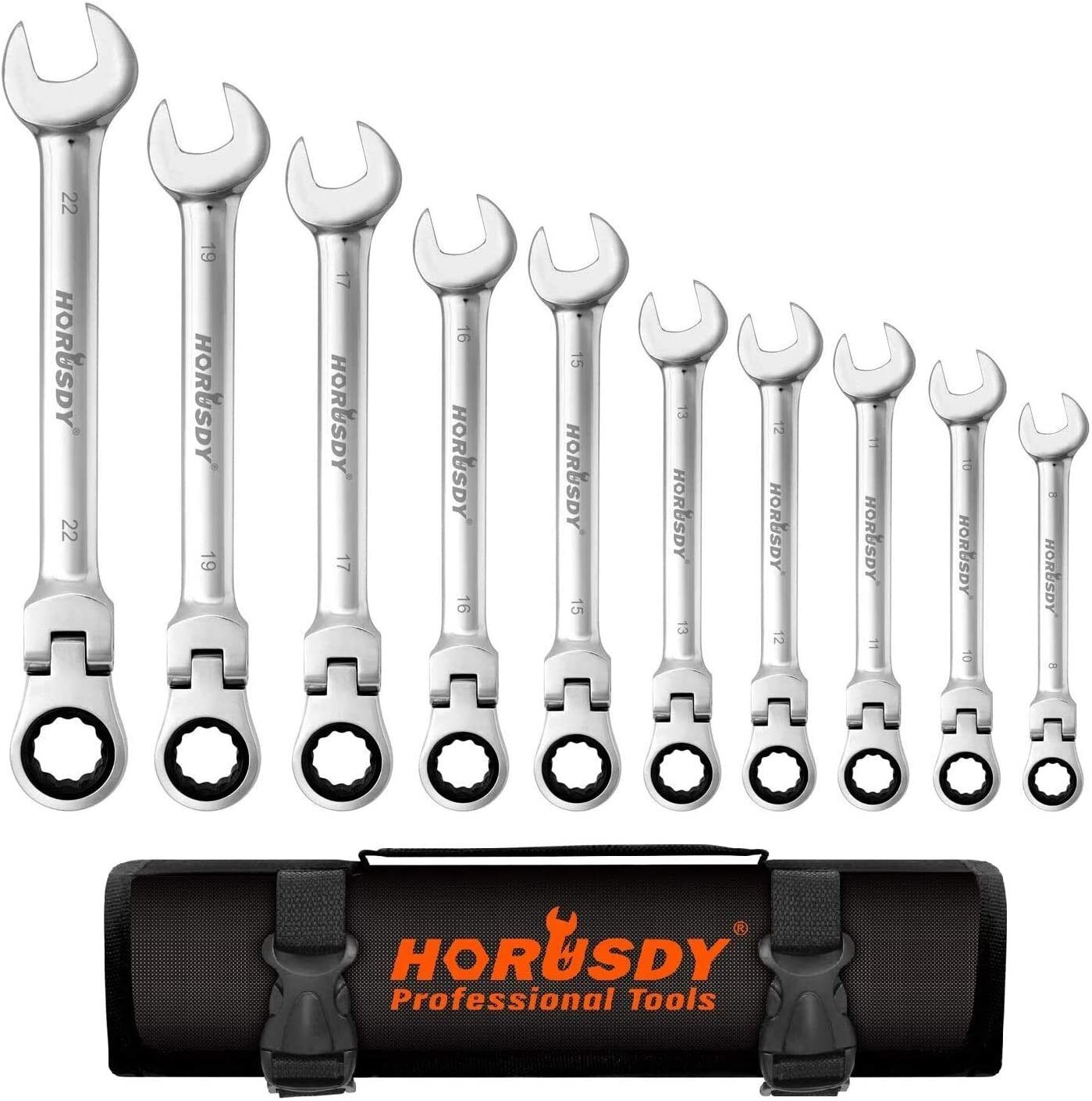 10Pc Flexible Head Ratchet Spanner Set Metric Wrench CRV With Carry Pouch 8-22MM tools