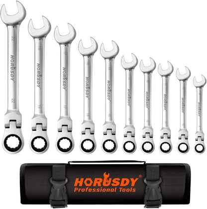 10Pc Flexible Head Ratchet Spanner Set Metric Wrench CRV With Carry Pouch 8-22MM tools