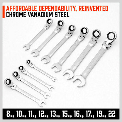 10Pc Flexible Head Ratchet Spanner Set Metric Wrench CRV With Carry Pouch 8-22MM tools